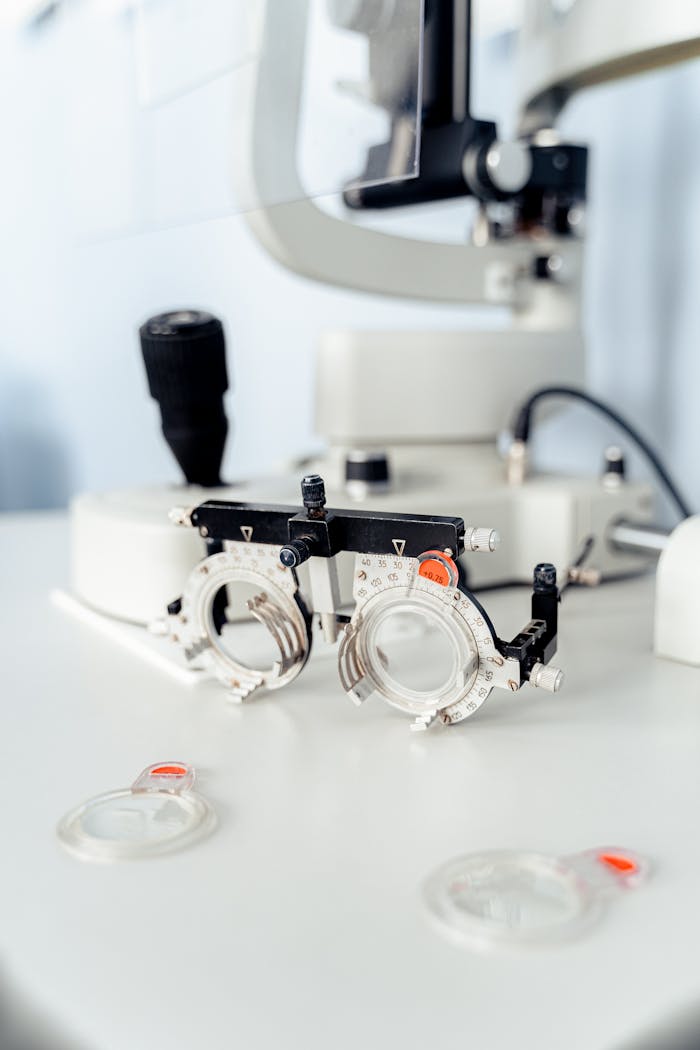 Close-up of trial frames and lenses in a sleek, modern optometry clinic.