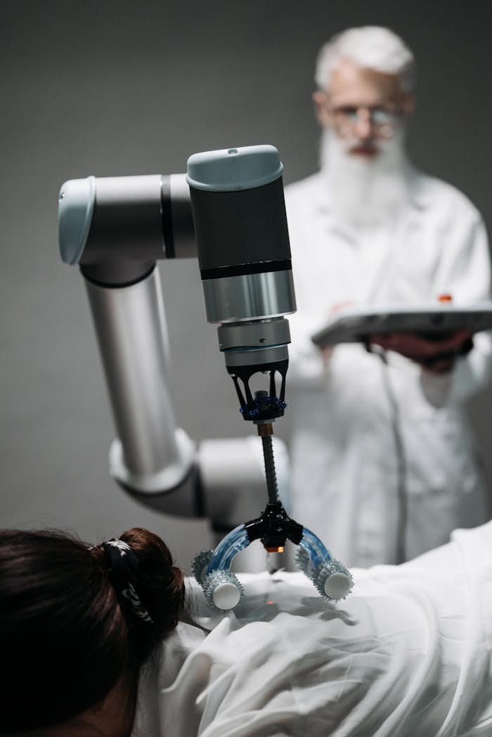 Close-up of a robotic arm providing a back massage, supervised by an adult scientist.